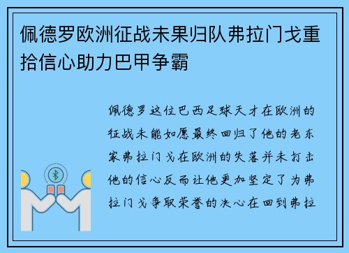 佩德罗欧洲征战未果归队弗拉门戈重拾信心助力巴甲争霸 佩德罗欧洲征战未果归队弗拉门戈重拾信心助力巴甲争霸