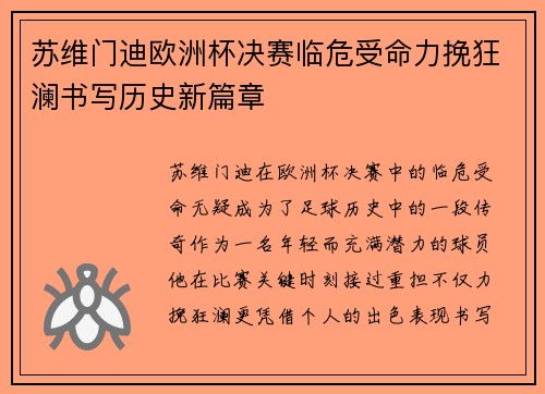 苏维门迪欧洲杯决赛临危受命力挽狂澜书写历史新篇章