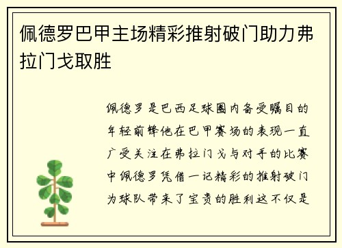 佩德罗巴甲主场精彩推射破门助力弗拉门戈取胜 佩德罗巴甲主场精彩推射破门助力弗拉门戈取胜